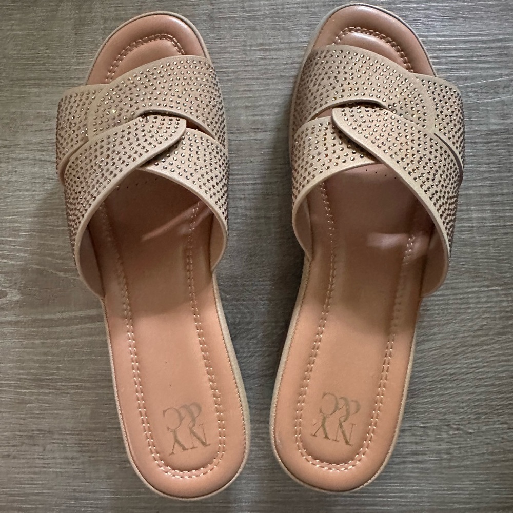New York & Company Beige Studded Slide Sandals